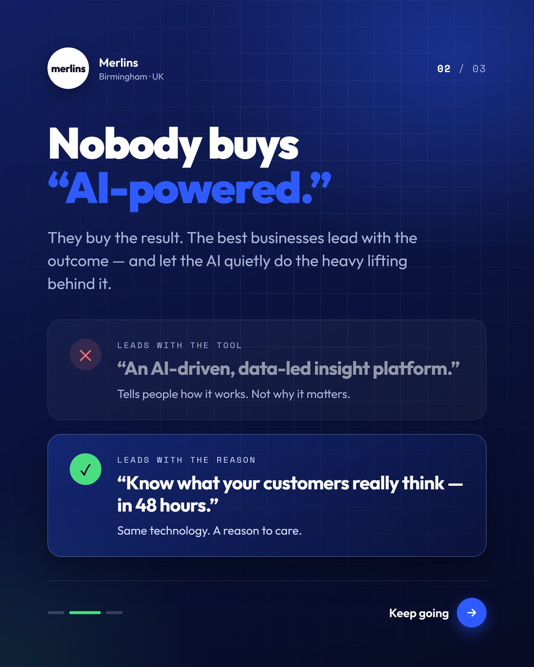 Merlins carousel slide: nobody buys AI-powered, they buy the result